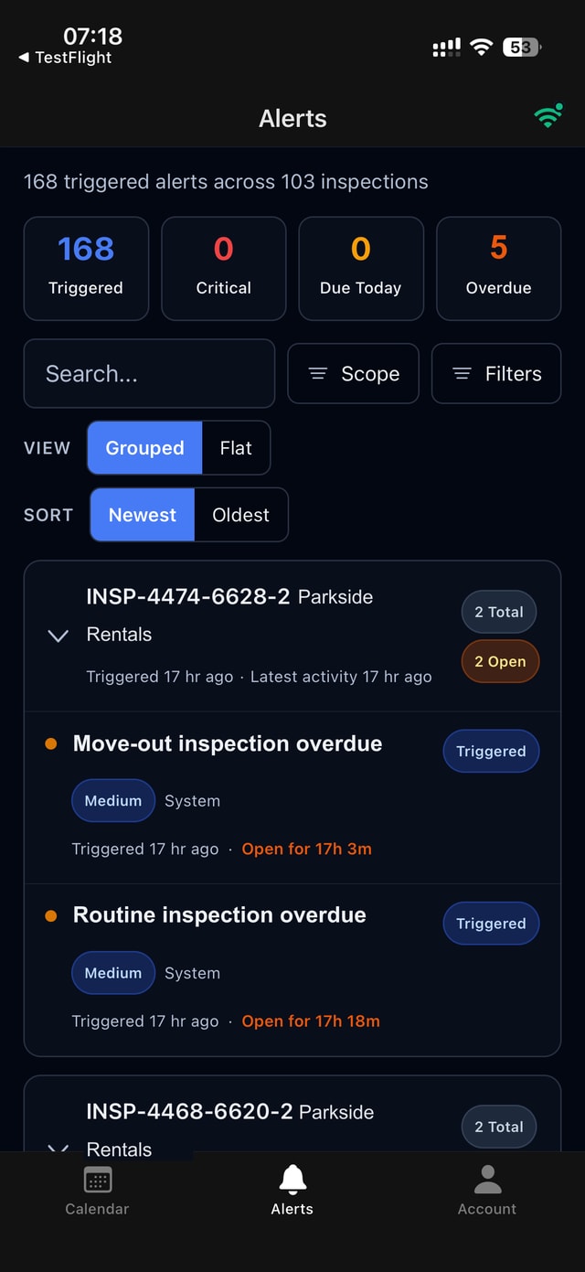 The PremInspect alerts screen on a phone: triggered alerts across inspections, each tracked from triggered to resolved